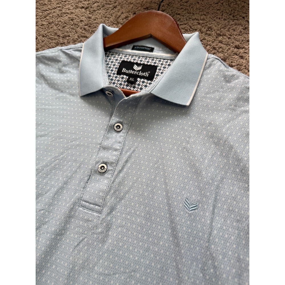 Buttercloth Icy Cotton Polo Shirt Mens XL Light Blue Geometric Short Sleeve Logo
